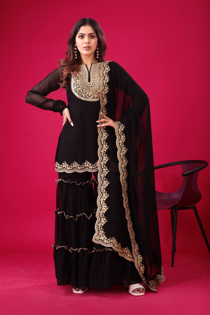 Blooming Faux Georgette Embroidered Co-Ord Set with Plazzo and Dupatta – Fully Stitched Ethnic Outfit for Women