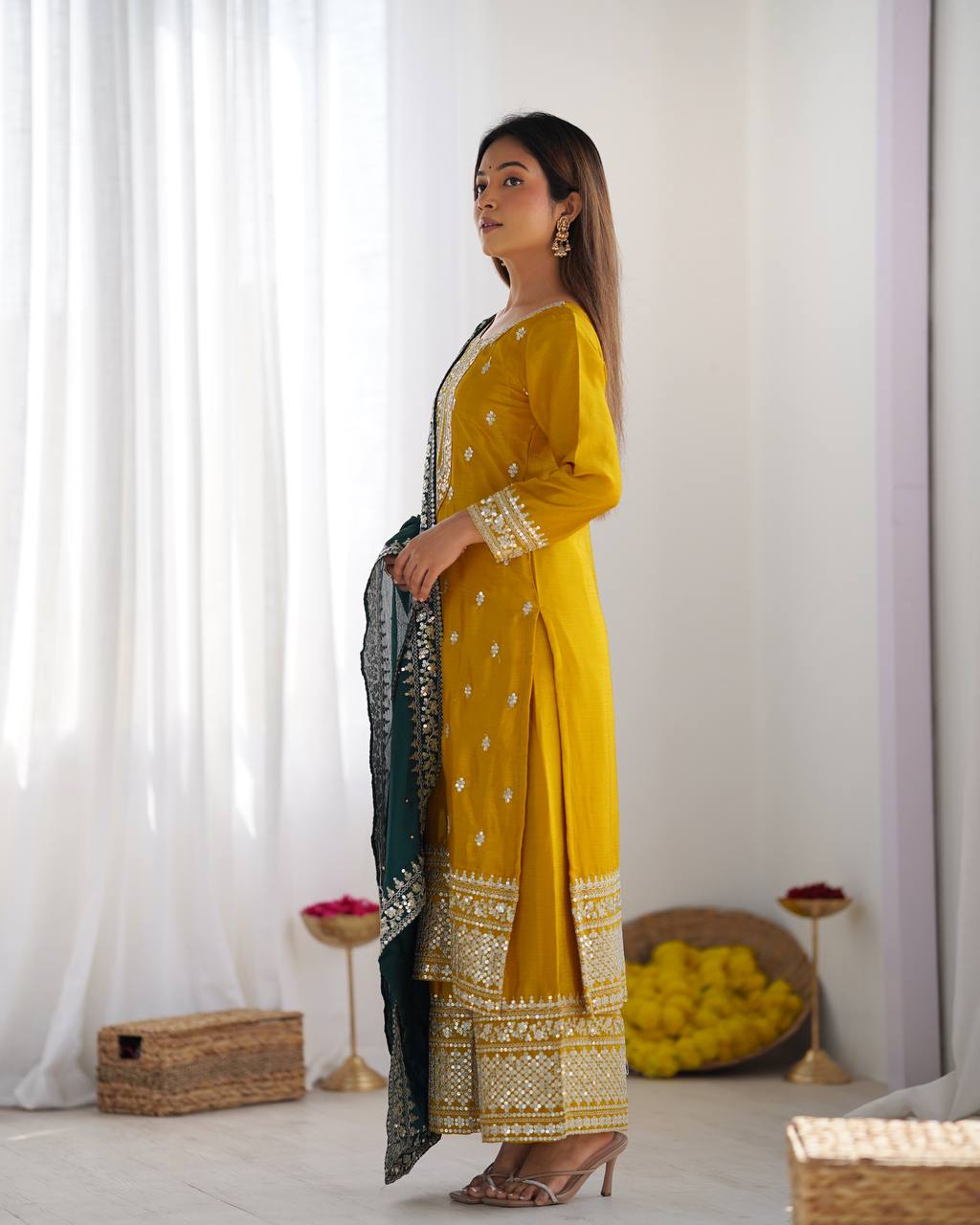 Chinnon Silk Heavy Embroidered Yellow Suit Set with Dupatta – Fully Stitched Ready to Wear
