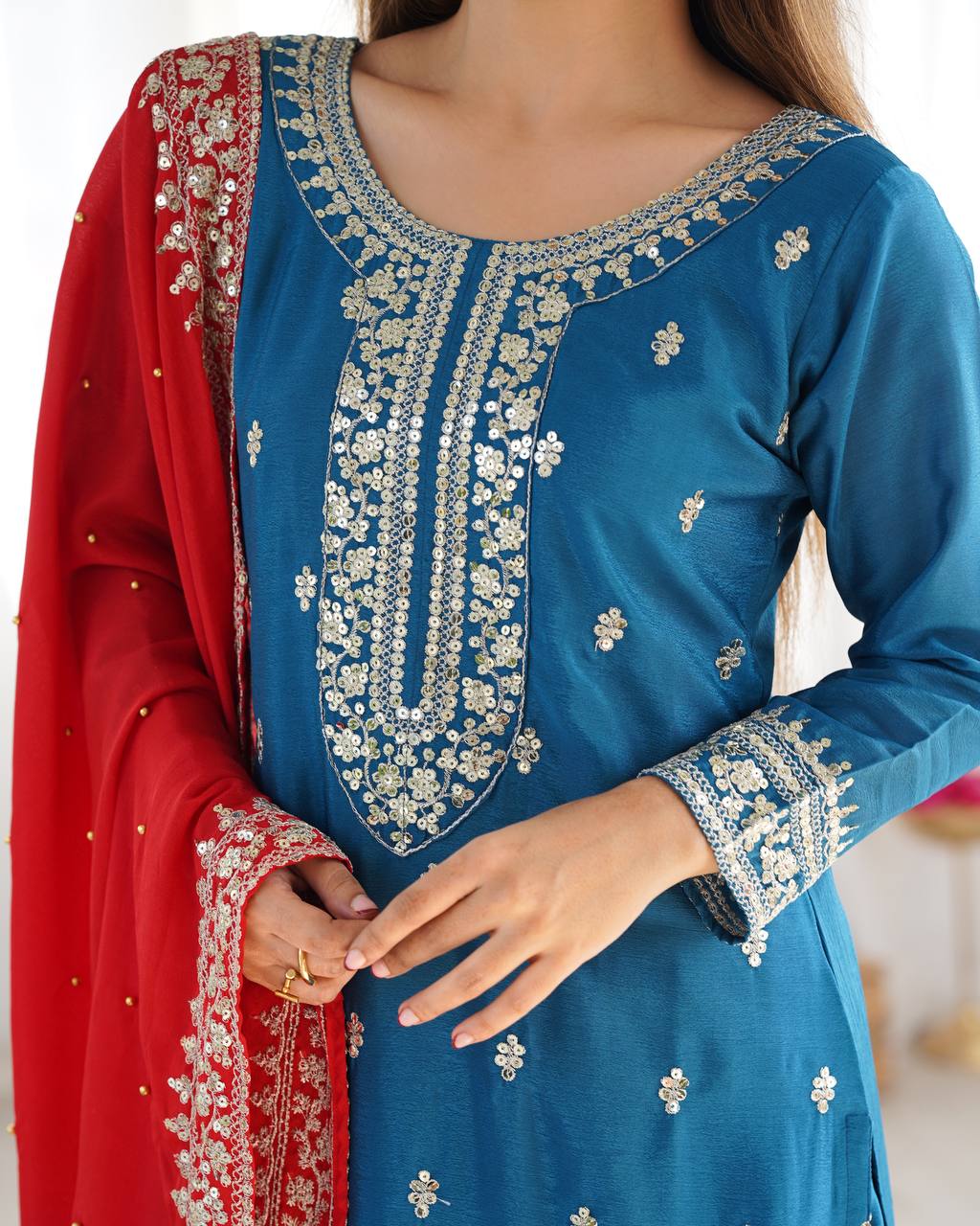 Chinnon Silk Heavy Embroidered Blue Suit Set with Dupatta – Fully Stitched Ready to Wear