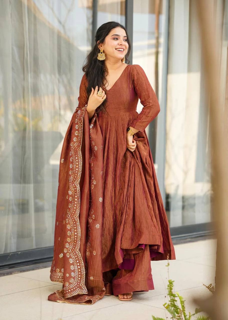 Heavy Fandy Silk Embroidered Gown Set with Dupatta – Fully Stitched Ethnic Partywear for Women