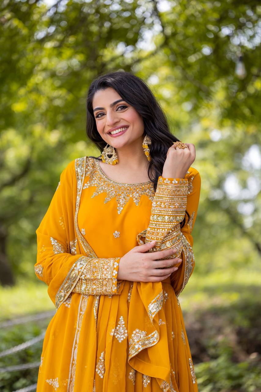 Faux Georgette Embroidered Gown Set with Dupatta – Fully Stitched Designer Ethnic Wear for Women