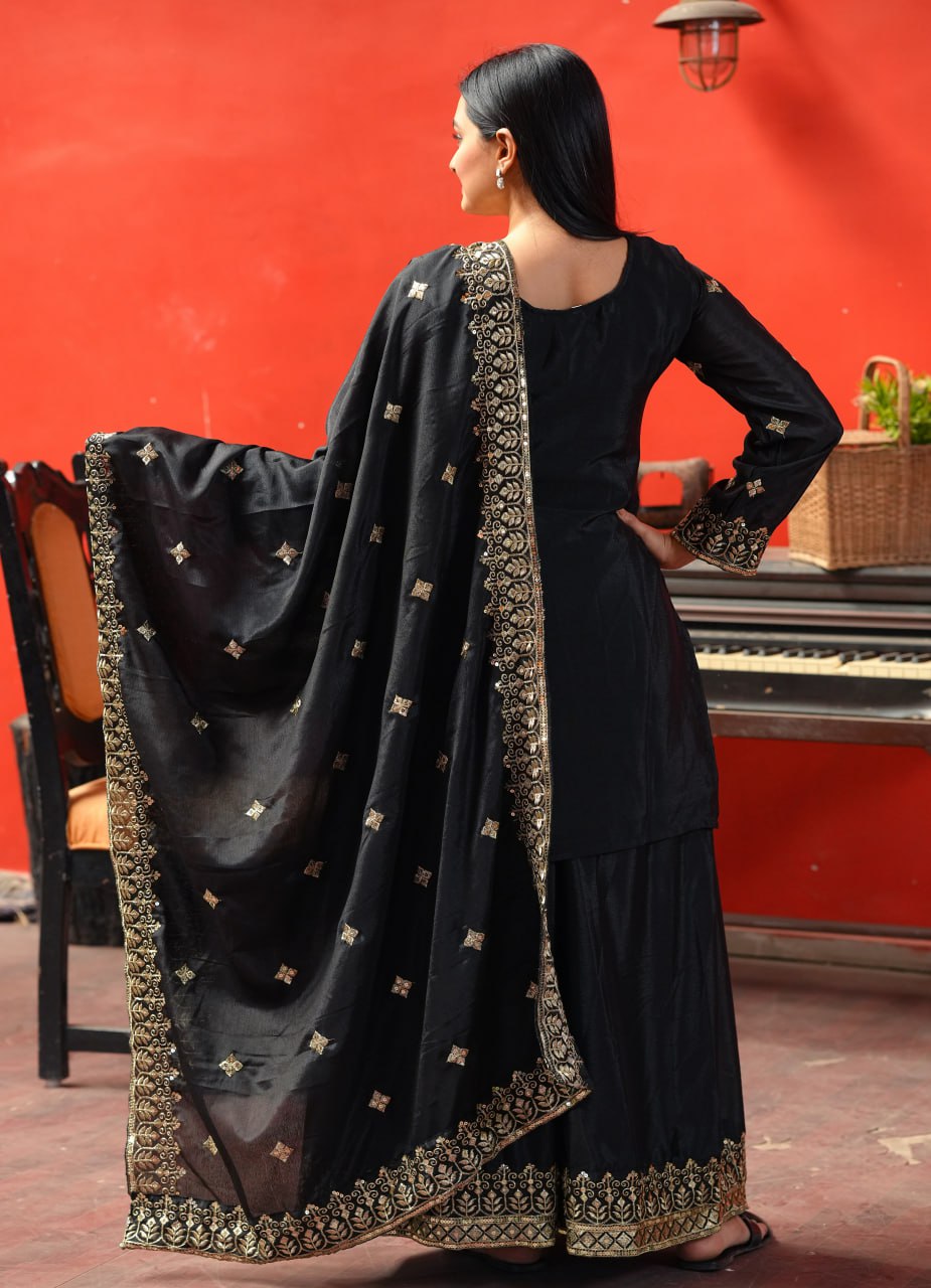 Chinon Embroidered Sharara Suit Set with Dupatta – Sequence Work Ethnic Wear for Women