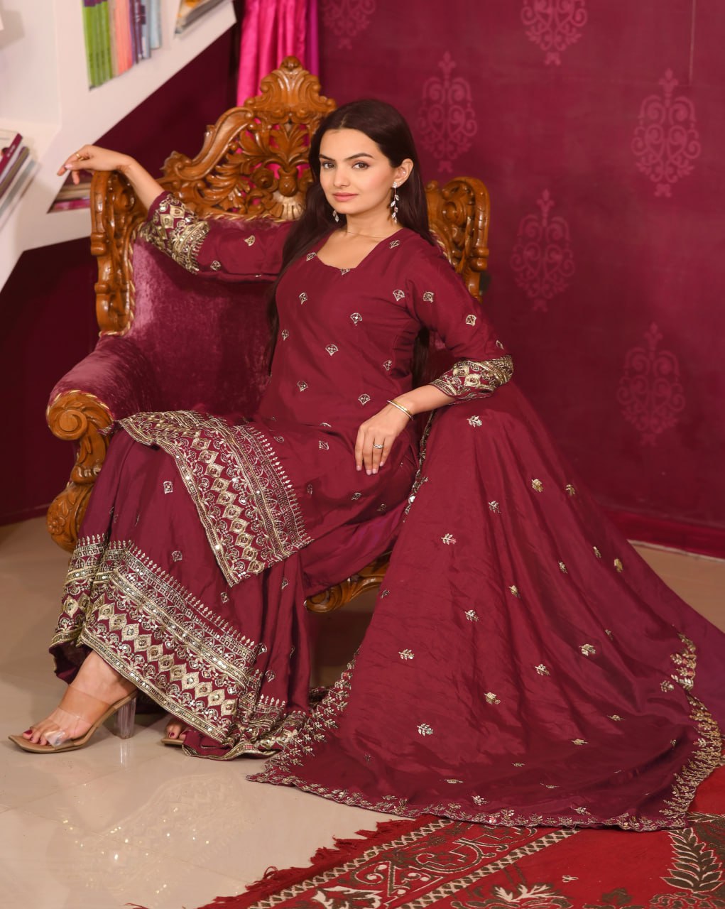 Chinon Embroidered Maroon Sharara Suit Set with Dupatta – Fully Stitched Ethnic Wear for Women