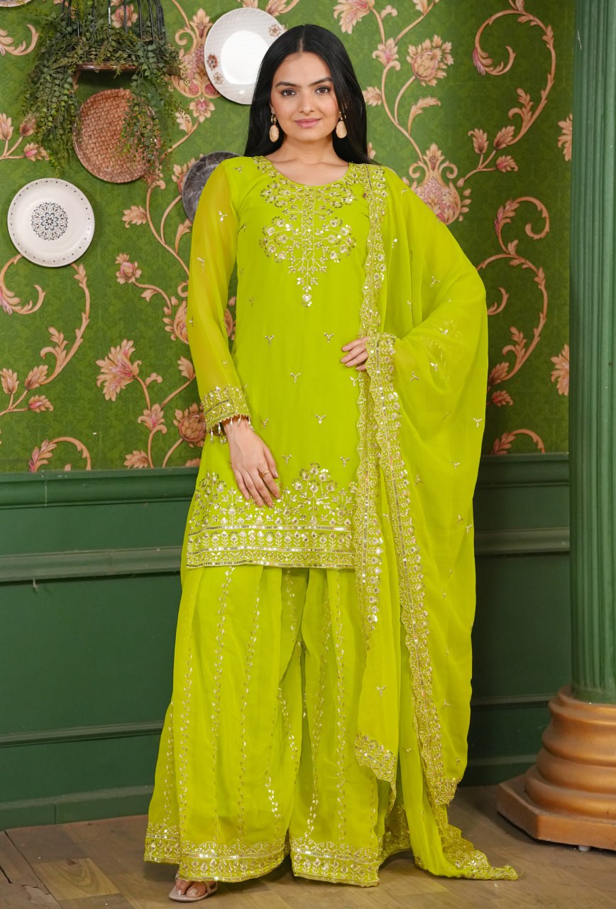 Georgette Embroidered Sharara Suit Set with Dupatta – Fully Stitched Partywear for Women