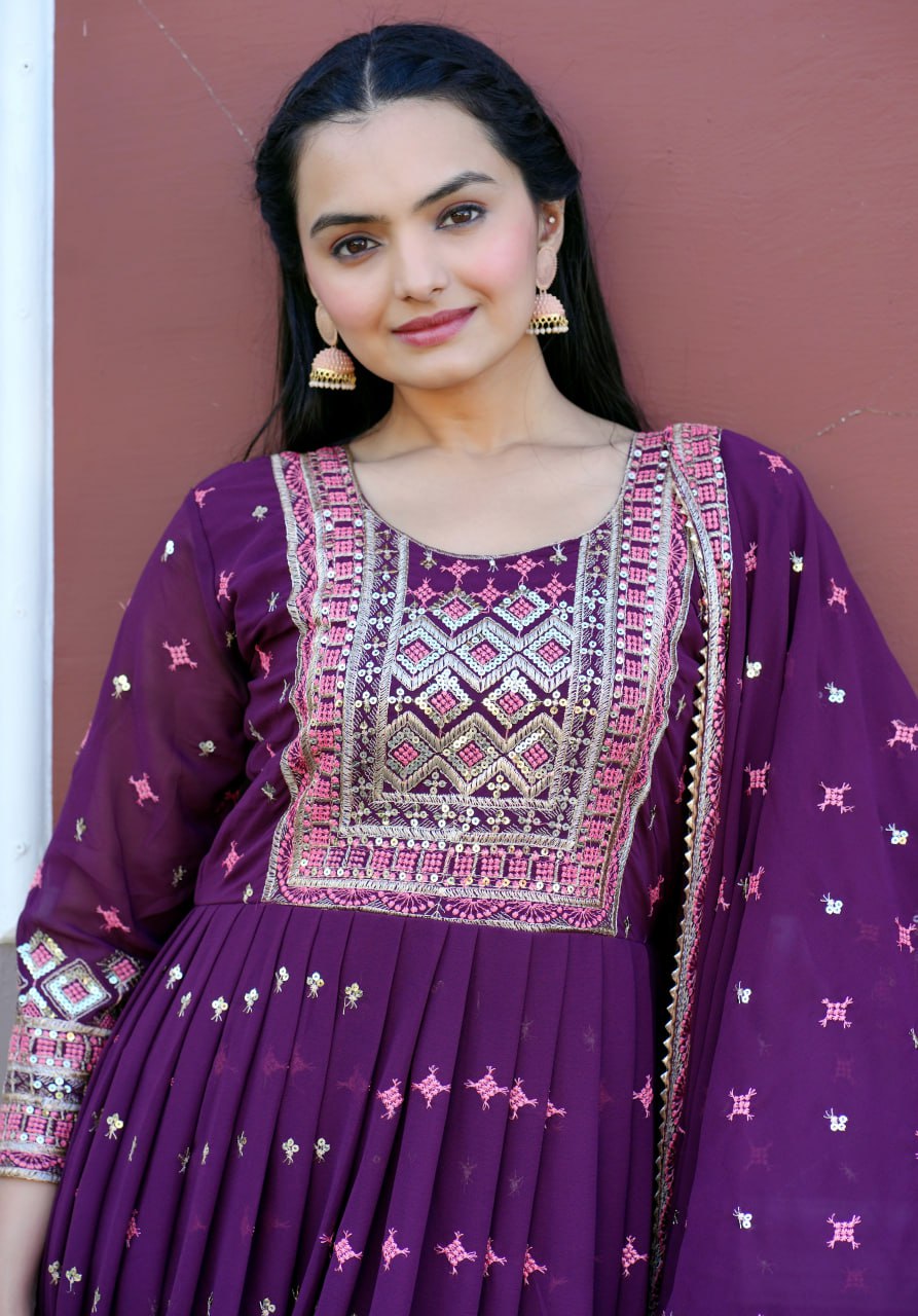 Fox Georgette Embroidered Gown Set with Dupatta – Elegant Fully Stitched Ethnic Wear for Women