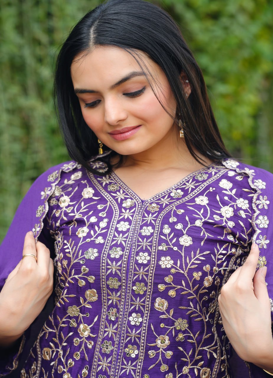 Chinon Sequence Embroidered Sharara Suit Set for Women - Traditional & Party Wear