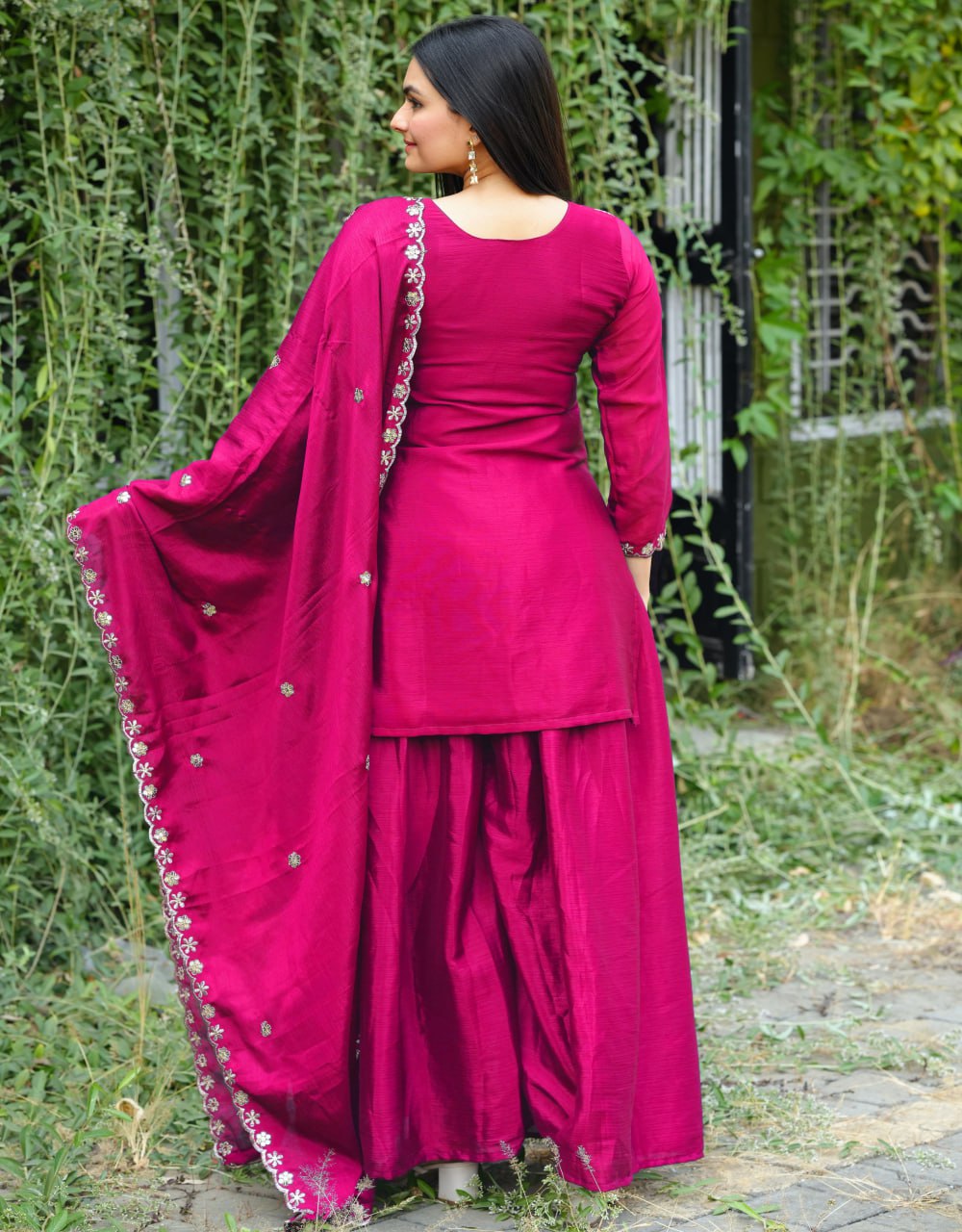 Chinon Sequence Embroidered Pink Sharara Suit Set for Women - Traditional & Party Wear