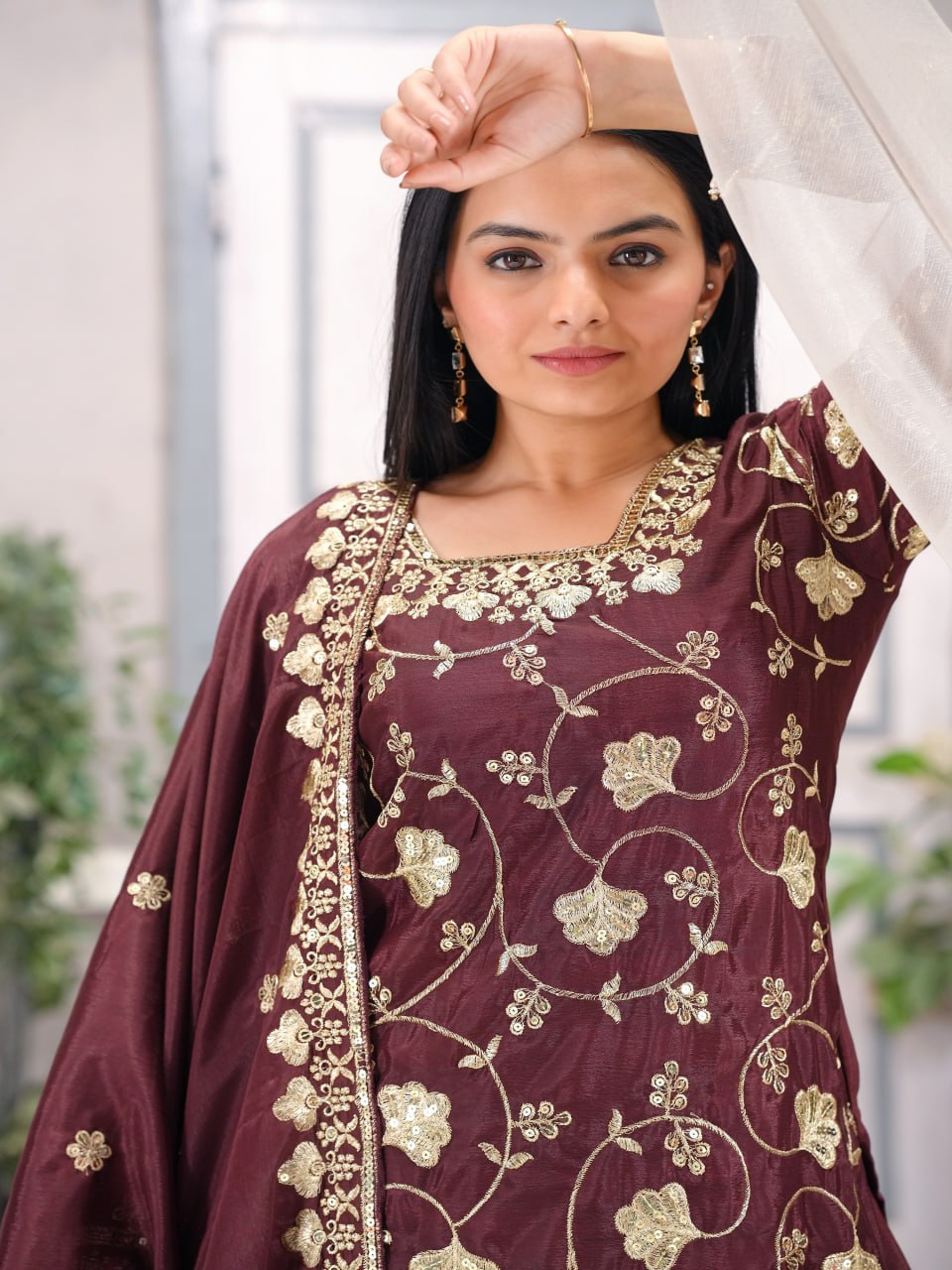Chinon Embroidered Brown Sharara Set with Real Kodi Lace Border
