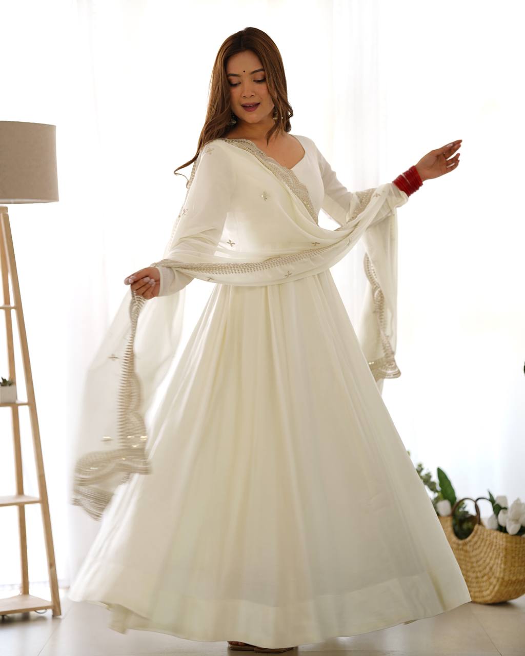 Elegant 16 Kali Romansilk Chanderi White Anarkali Set with Embroidery Dupatta