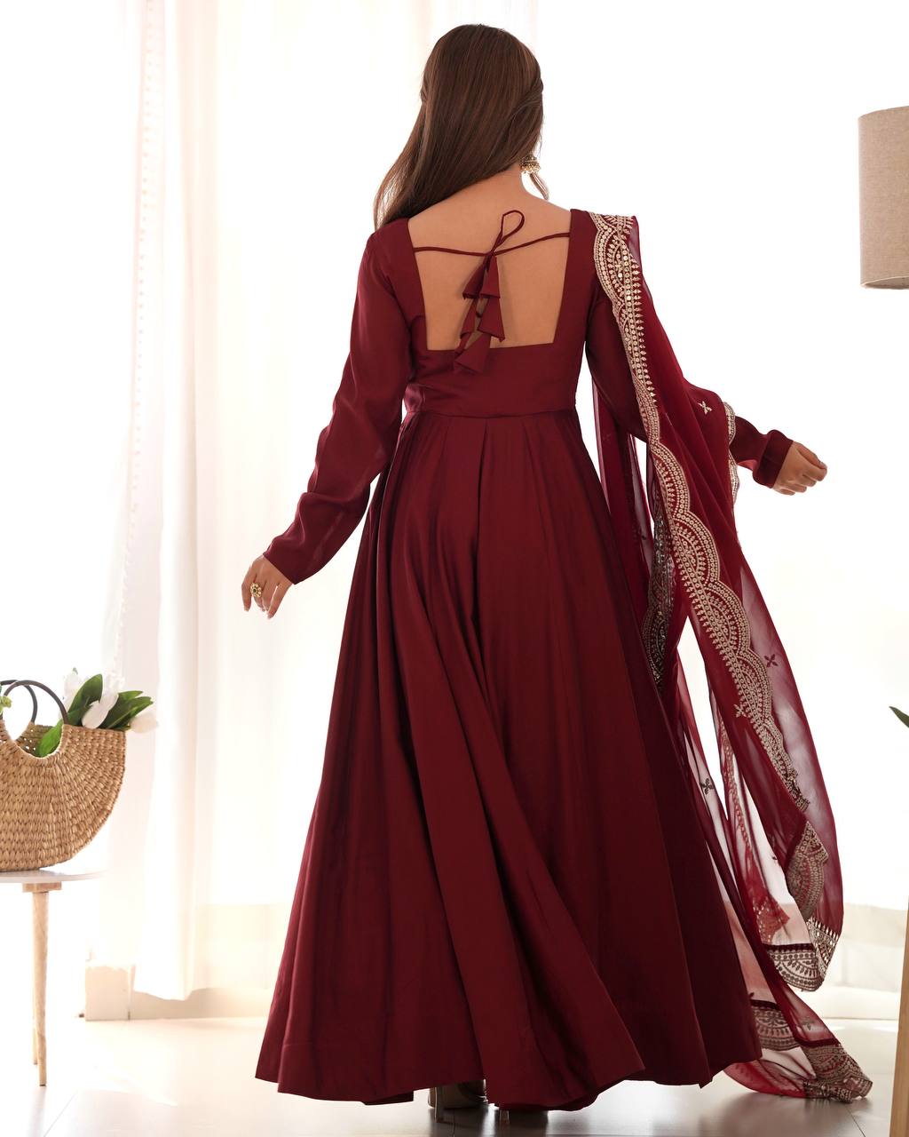 Elegant 16 Kali Romansilk Chanderi Maroon Anarkali Set with Embroidery Dupatta