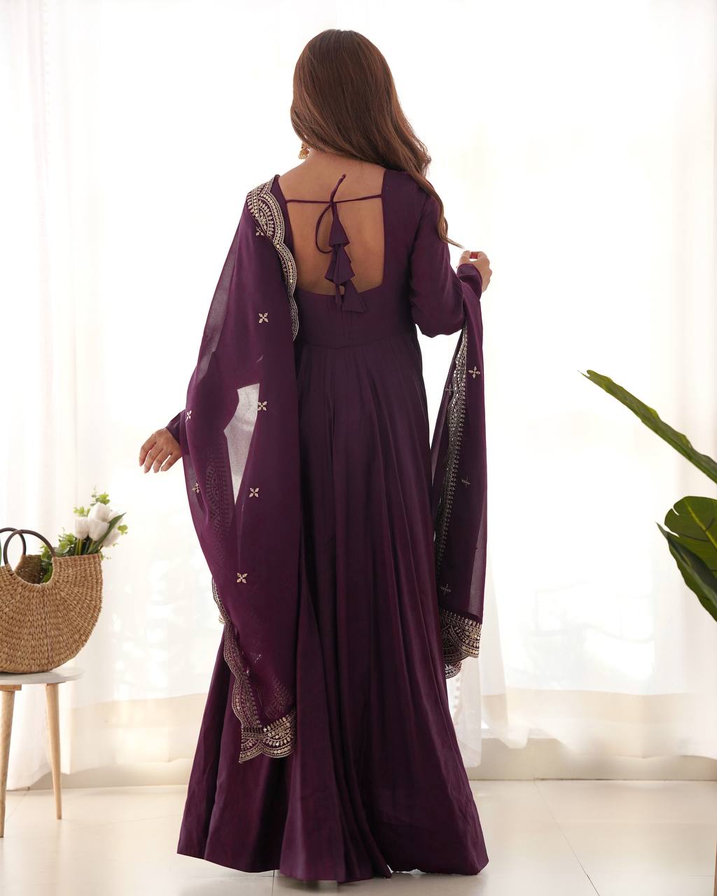 Elegant 16 Kali Romansilk Chanderi Wine Purple Anarkali Set with Embroidery Dupatta