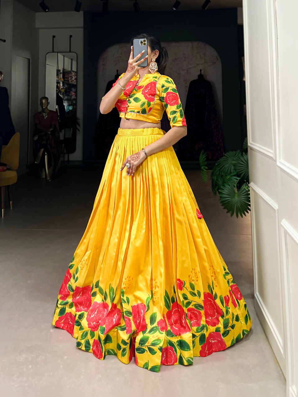 Elegant Tussar Silk Floral Print Yellow Lehenga with Lace Touch Blouse