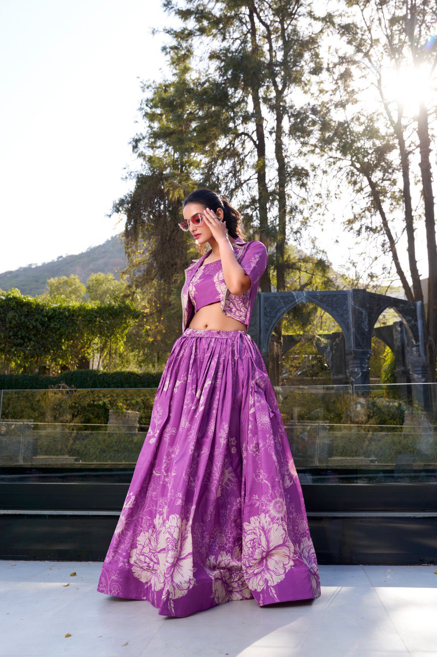 Elegant Tussar Silk Floral Printed Purple Lehenga Set with Blouse and Koti
