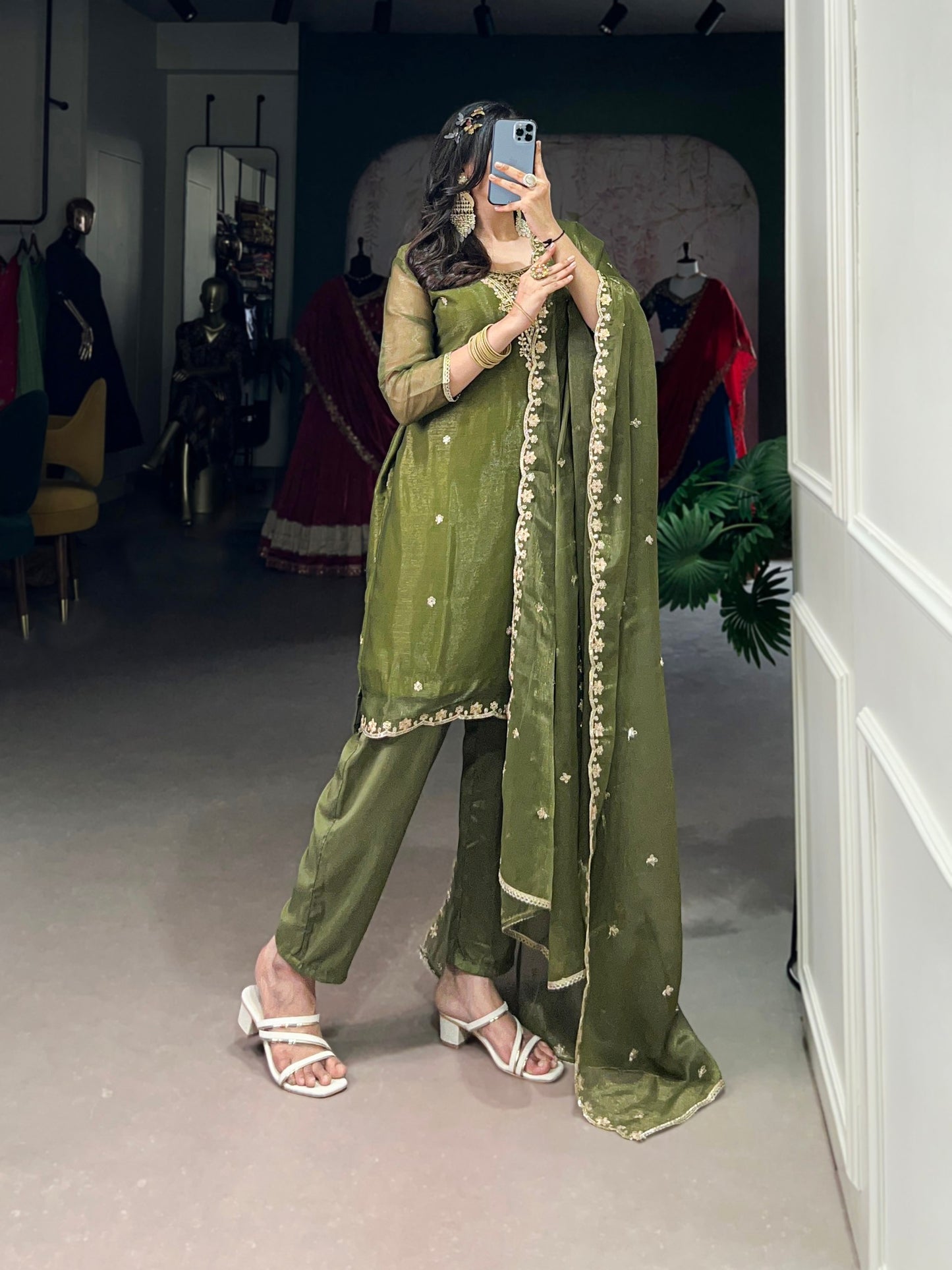 Elegant Gold Coin Fabric Embroidered Green Top and Bottom Set with Dupatta