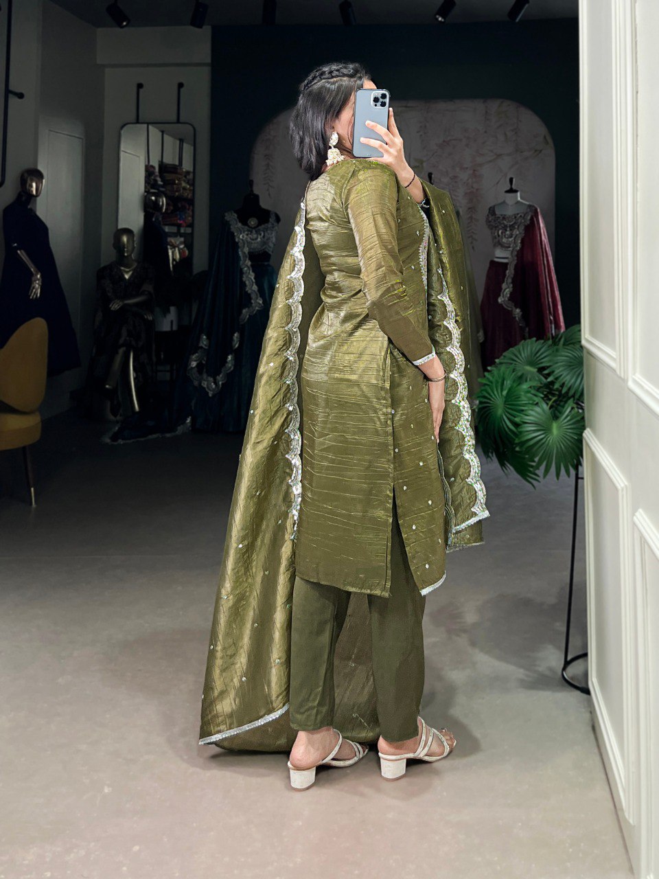 Elegant Gold Crush Fabric Embroidered Stitched Green Top Bottom Set with Dupatta