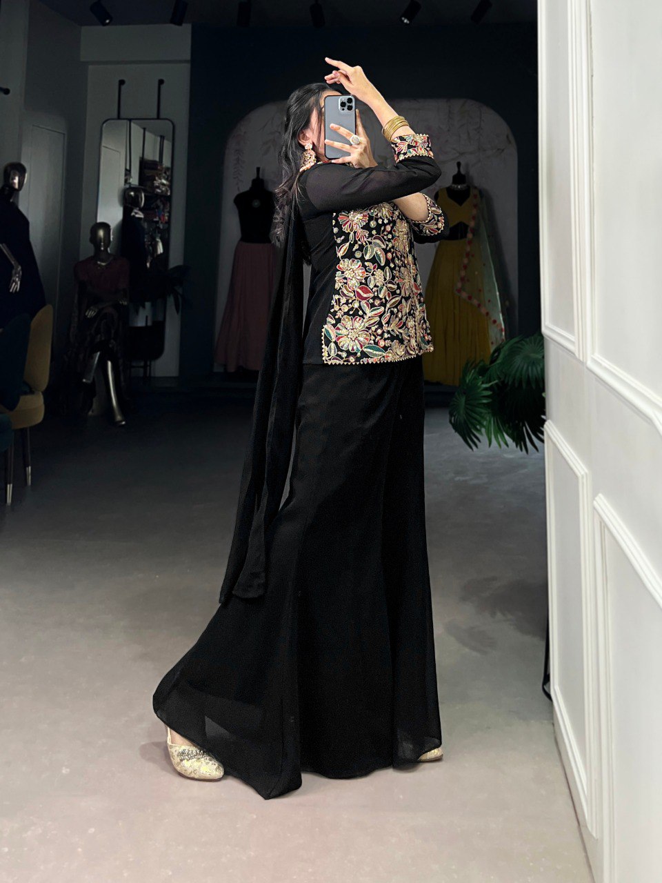 Stylish Georgette Embroidered Stitched Black Top Bottom Set with Dupatta