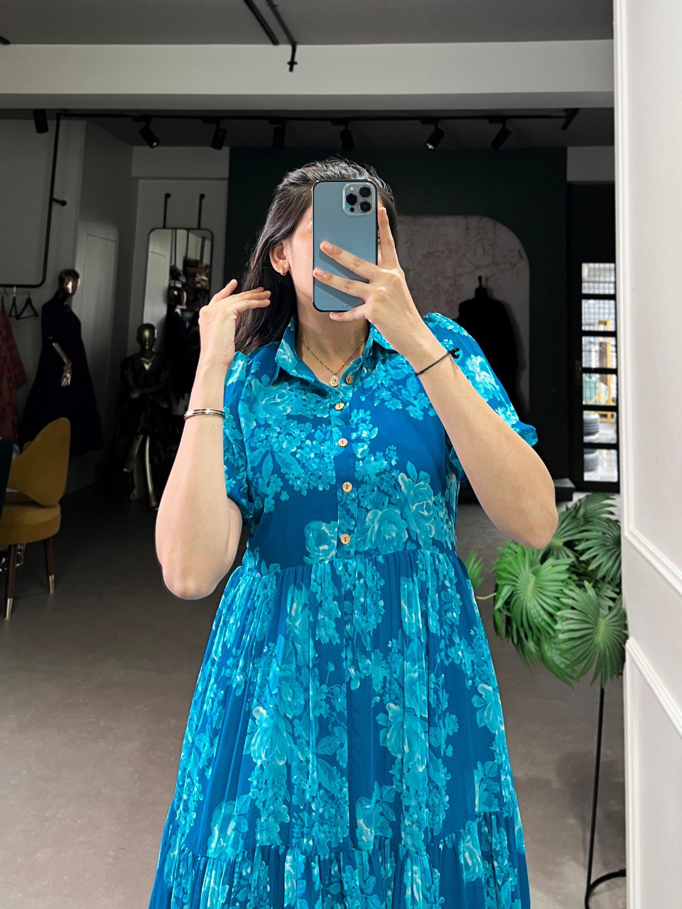 Elegant Floral Print Georgette Blue Frock for Women