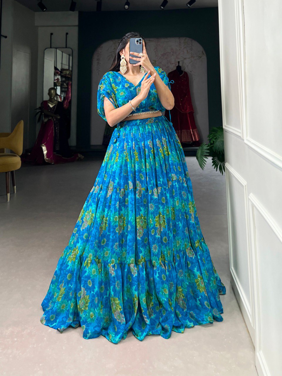 Elegant Floral Print Chiffon Sky Blue Lehenga Set for Women