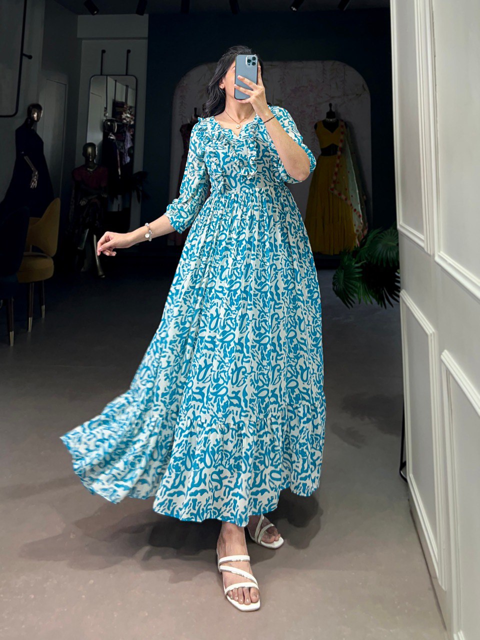 Elegant Georgette Printed Blue Frock with Full Flair and Lining