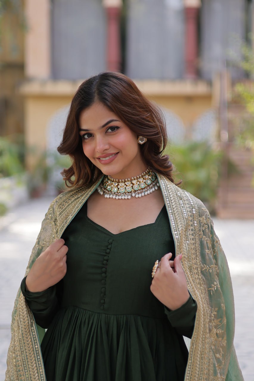 Elegant Shimmer Vichitra Silk Gown with Sequins Embroidery and Fendi Dupatta Set