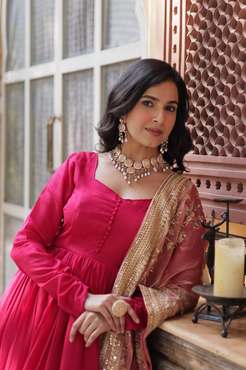 Elegant Shimmer Vichitra Silk Pink Gown with Sequins Embroidery and Fendi Dupatta Set