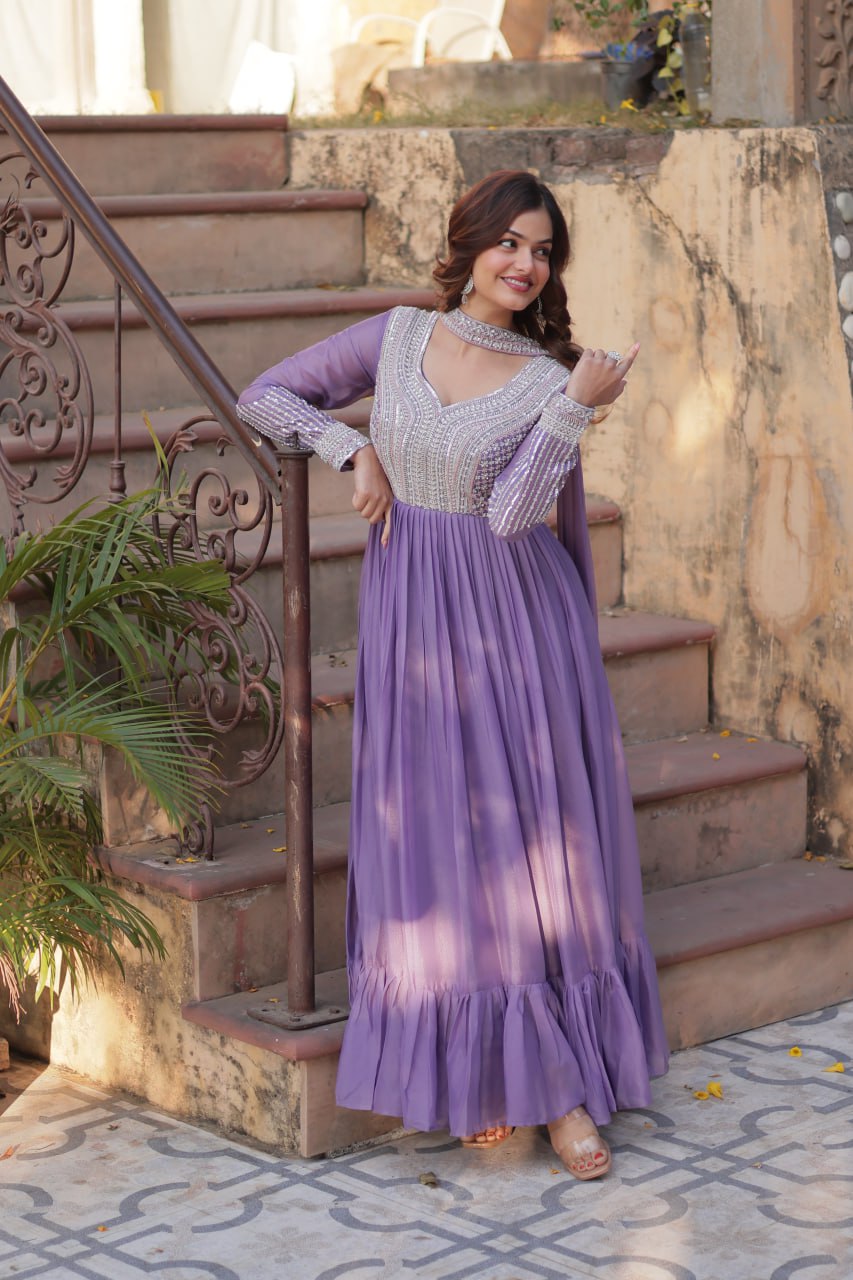 Star Georgette Embroidered Beads Sequins Work Lavender Gown with Dupatta Set