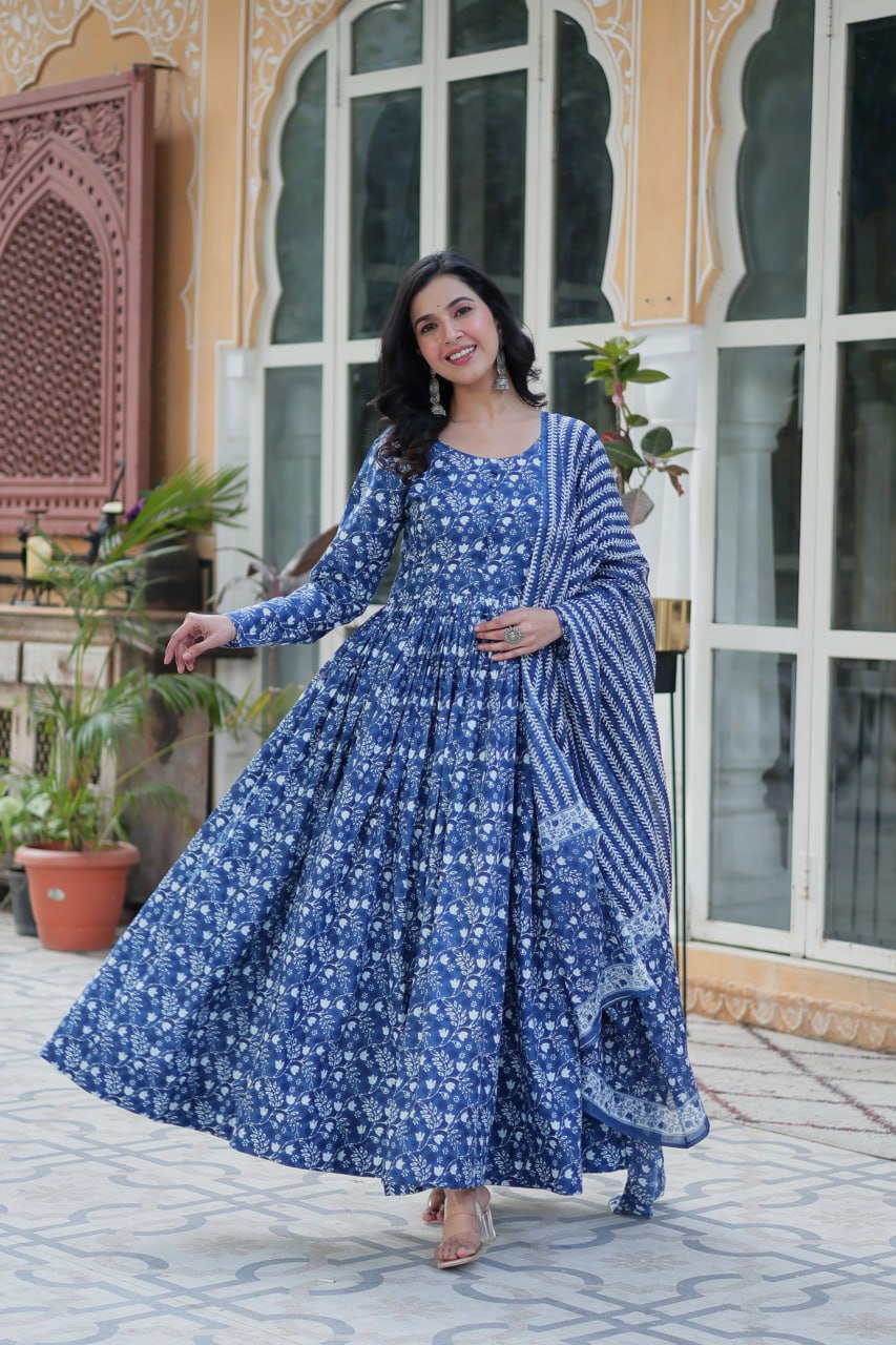 Pure Blue Cotton Long Kurta Set with Elastic Bottom and Dupatta