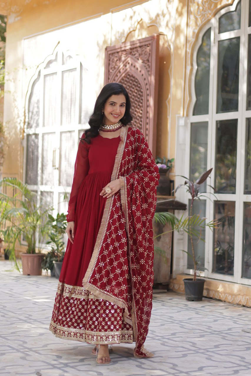 Faux Blooming Maroon Gown with Zari Sequins Embroidery and Designer Dupatta