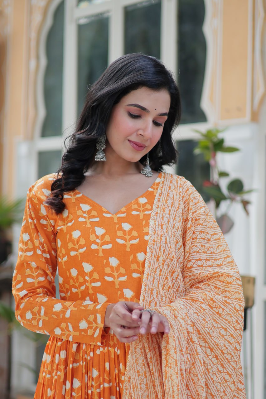 Pure Cotton Yellow Kurta Set with Fancy V Neck and Dupatta