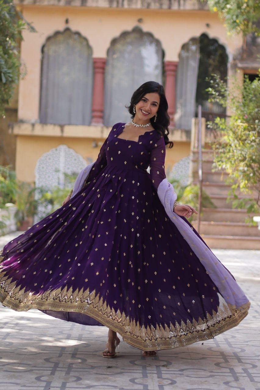 Luxury Faux Blooming Embroidered Zari Sequins Gown with Tabby Silk Cutwork Dupatta