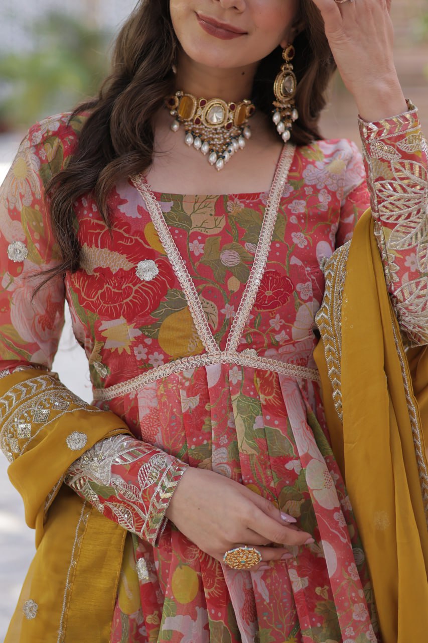 Digital Printed Russian Silk Top with Foil Embroidery Zari Sequins Work and Designer Lace Border Dupatta