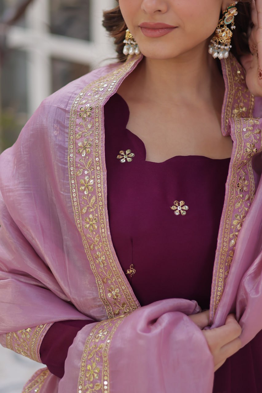Elegant Star Georgette Purple Gown with Zari Sequins Embroidery and Gold Crush Dupatta