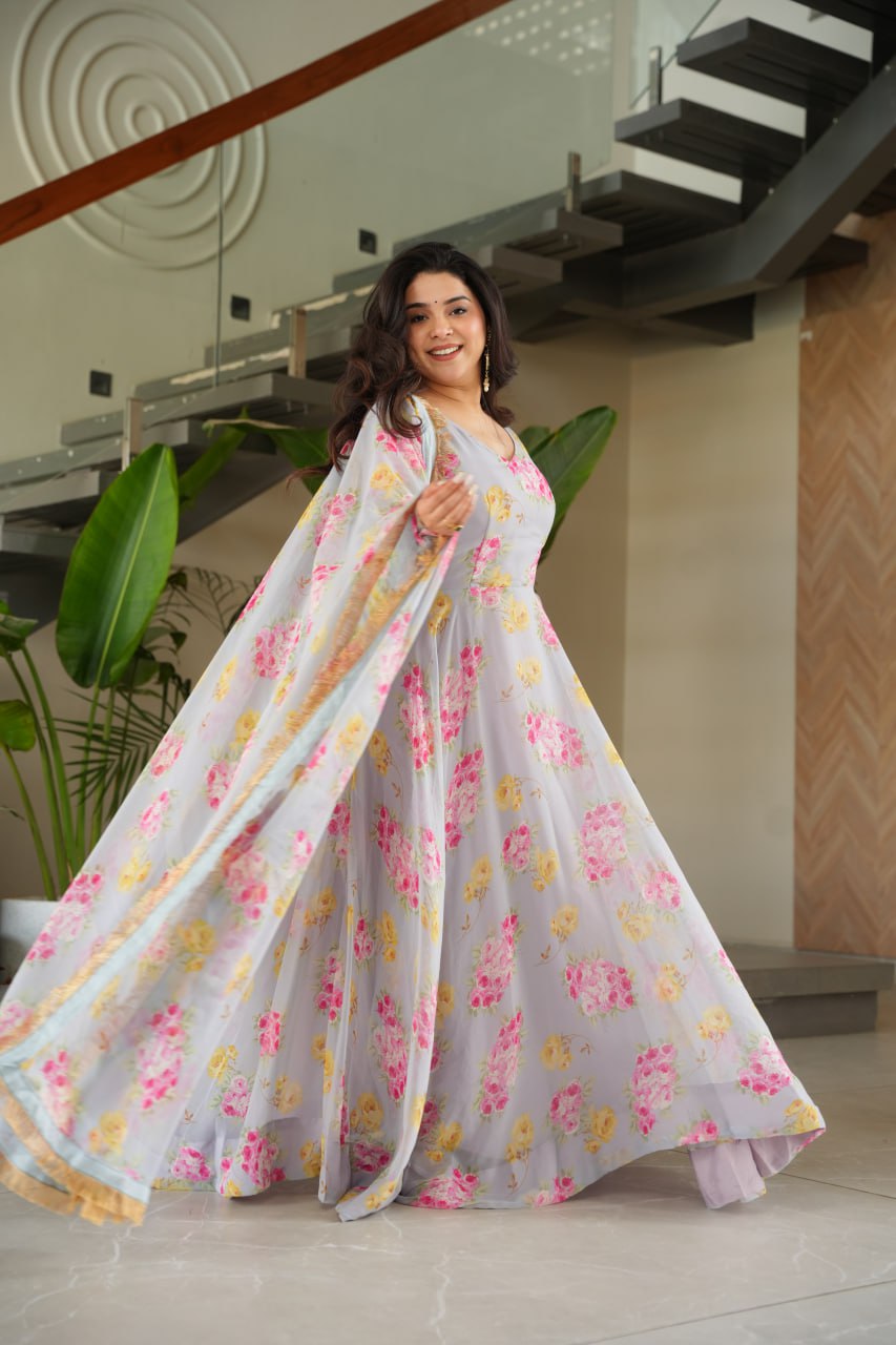 Elegant Faux Georgette Floral Digital Print Gown with Dupatta Set