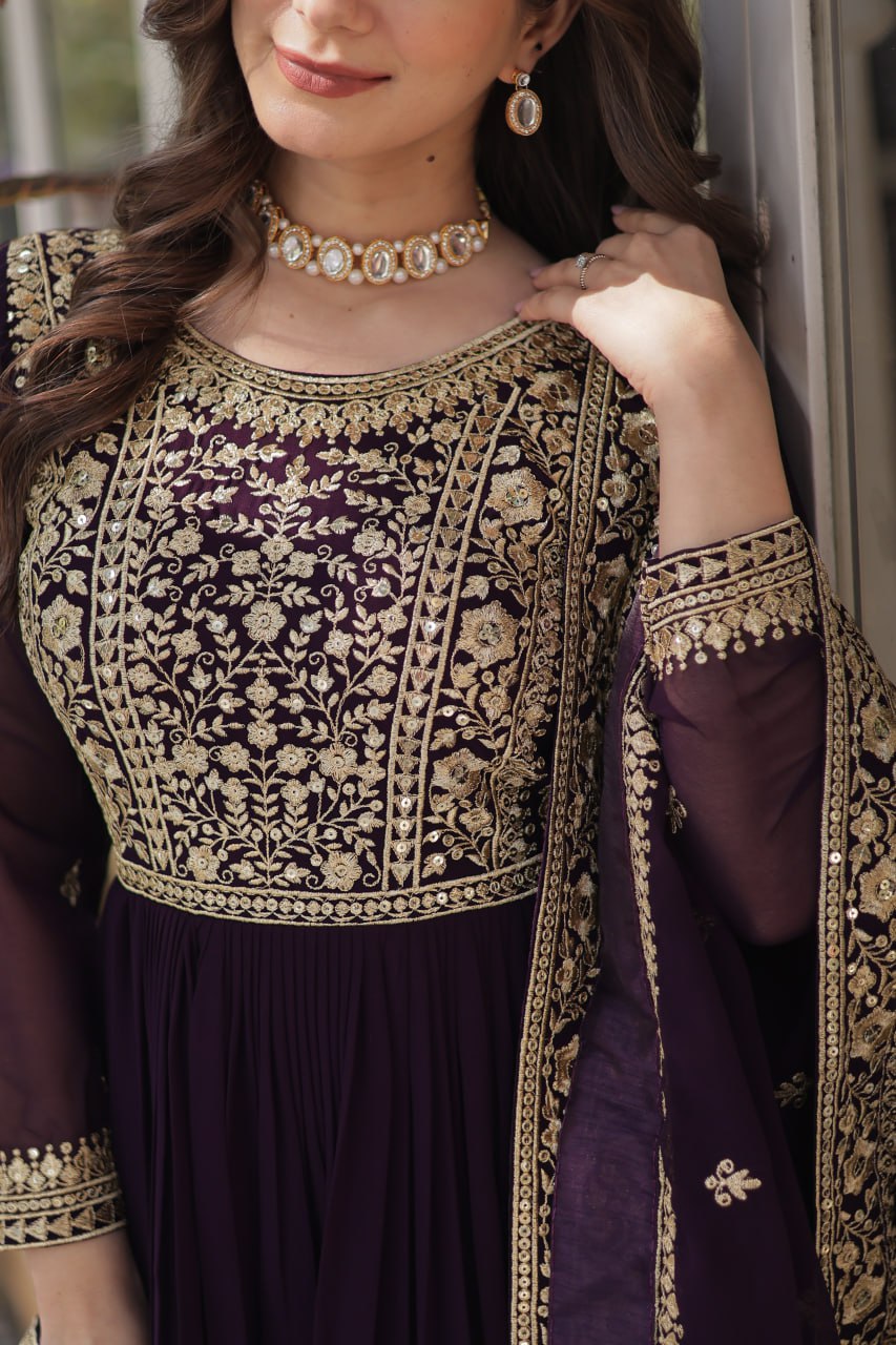 Premium Faux Blooming Purple Gown Set with Zari Sequins Embroidery and Dupatta