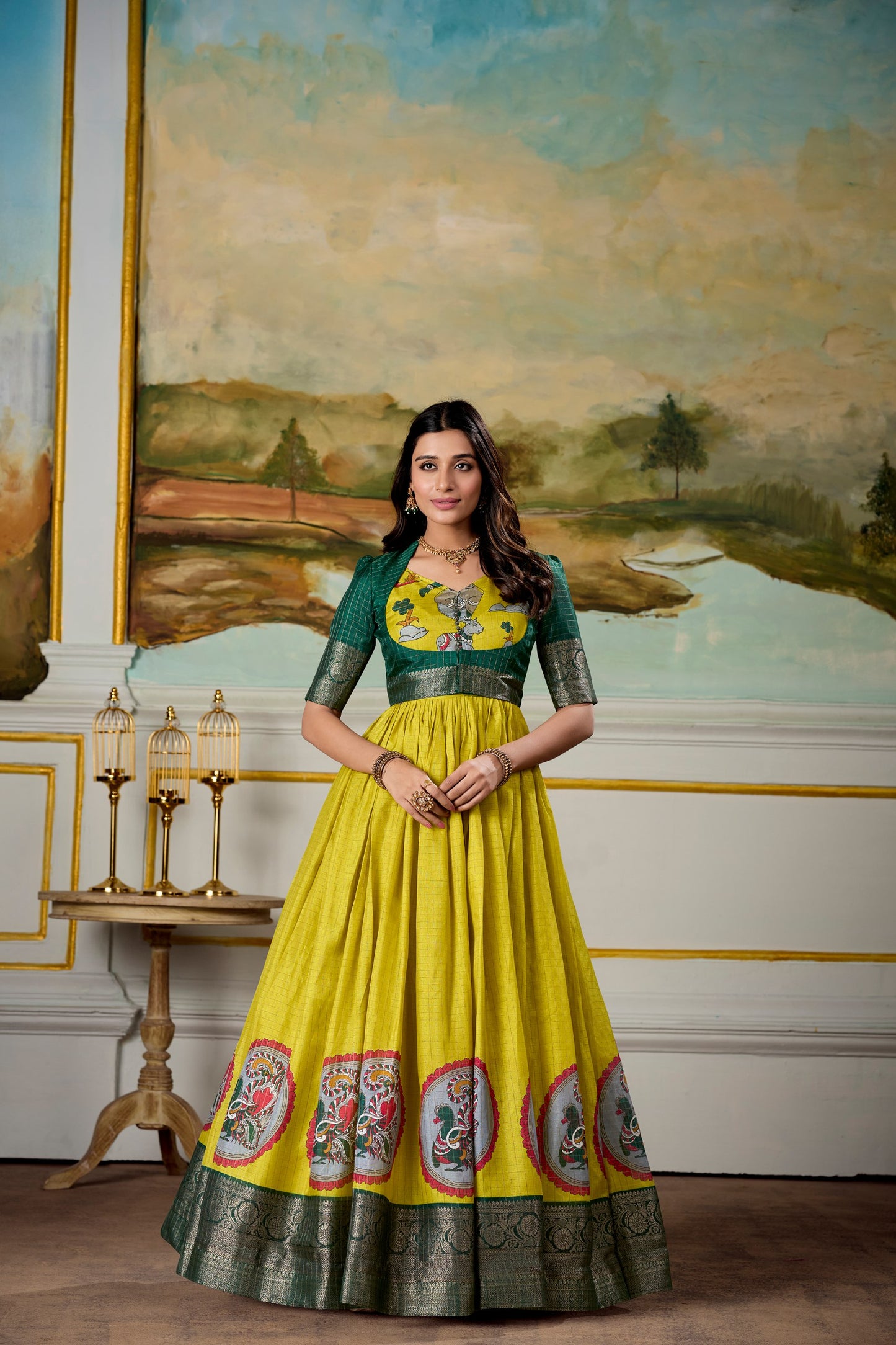 Elegant Dola Silk Kalamkari Print Yellow Gown with Zari Weaving Koti | Ethnic Wear for Women