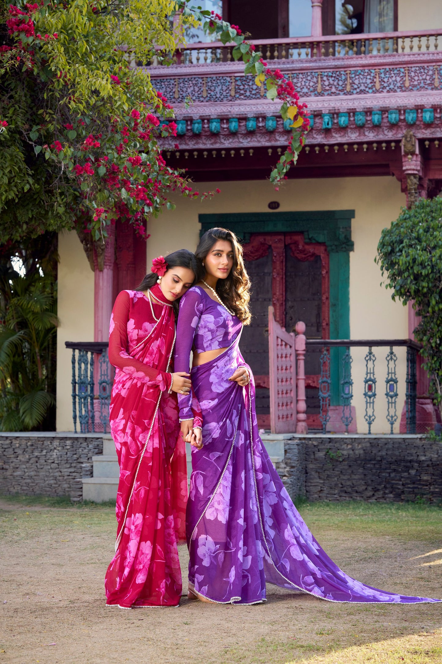 Elegant Floral Printed Pink Chiffon Saree with Pearl Lace Border and Matching Blouse
