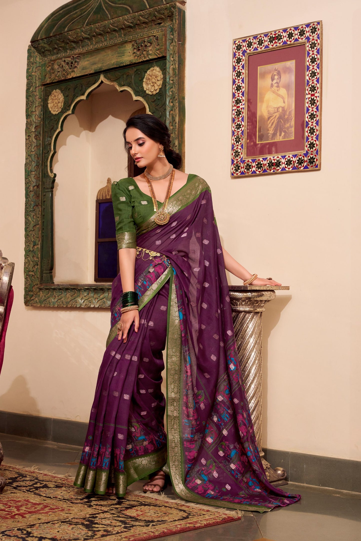 Kalamkari Print Poly Cotton Wine Saree with Zari Weaving Work Border and Blouse