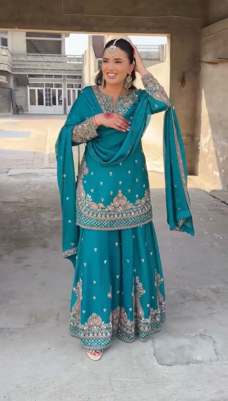 Bottle Green Chinon Silk Thread Work Suit with Sequins and Lace Border Dupatta