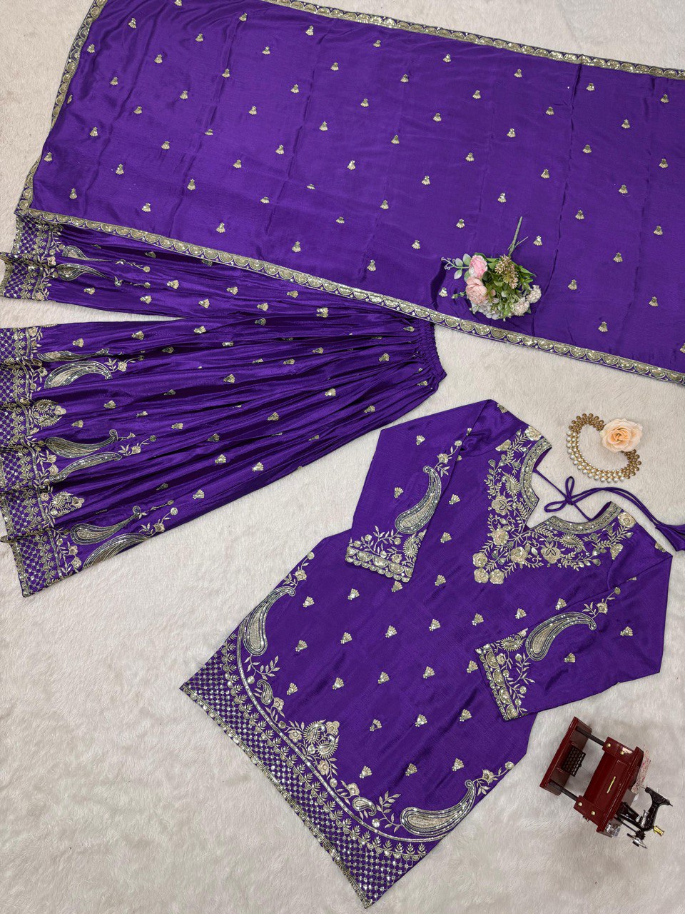 Purple Chinon Silk Thread Work Suit with Sequins and Lace Border Dupatta