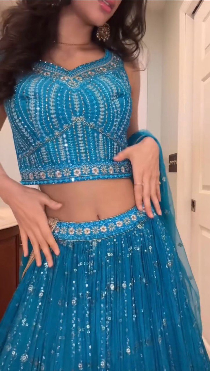 Foux Gorgette Semi-Stitched Lehenga Set with 3 Meter Flair and Sequin Work