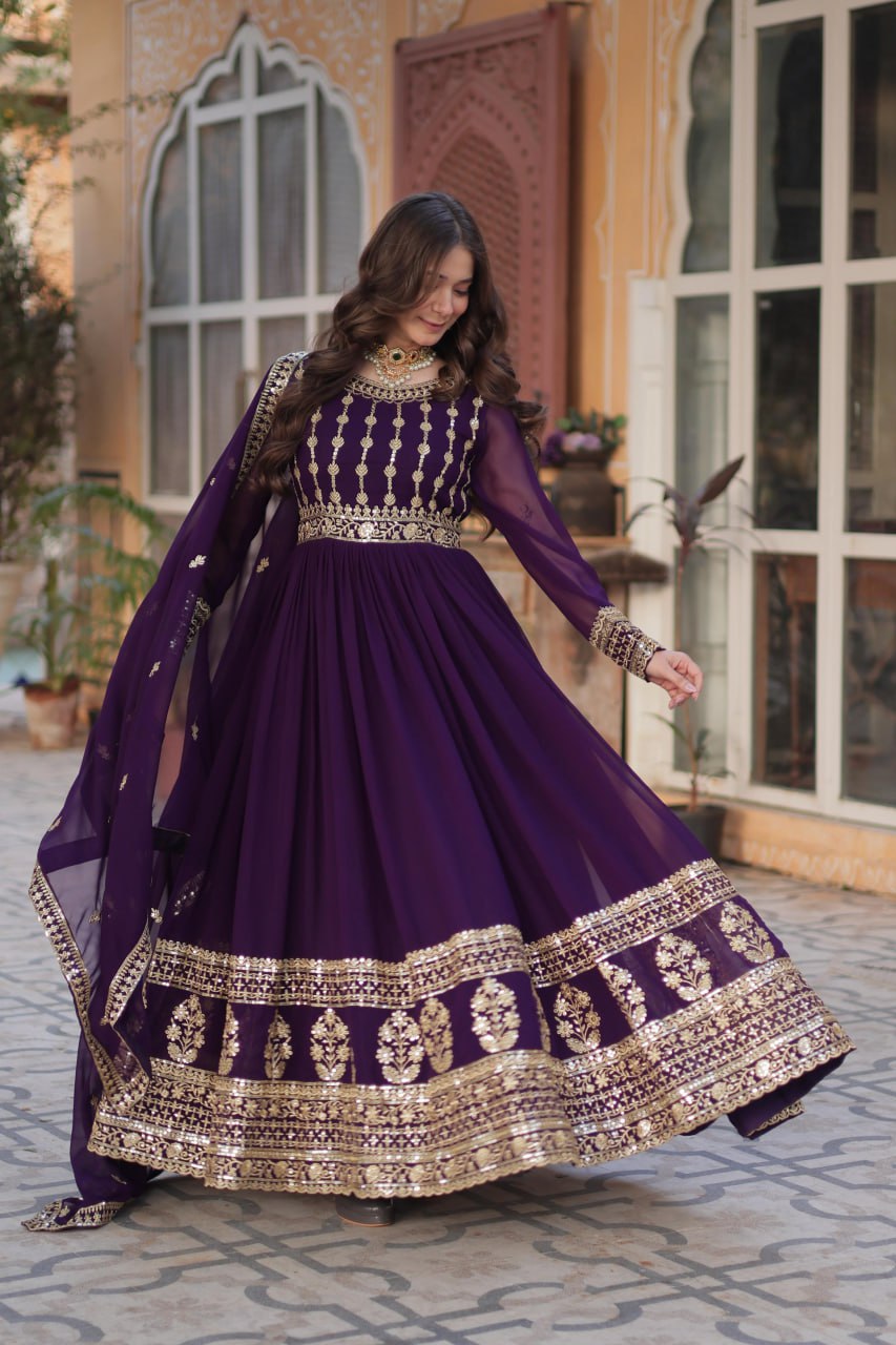 Purple Faux Blooming Embroidered Gown with Dupatta – Zari & Sequin Work