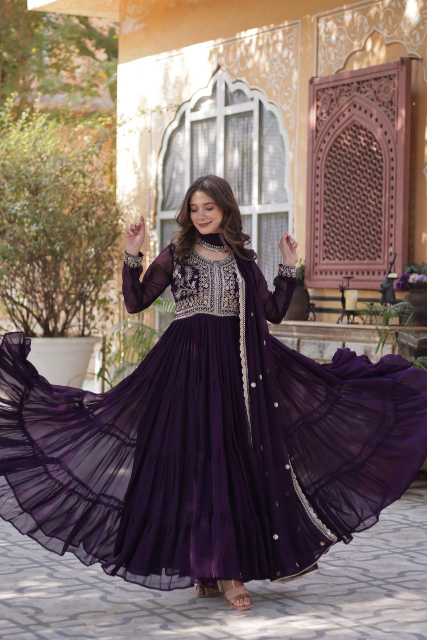 Purple Faux Blooming Georgette Gown with Pearl Embroidery & Dupatta