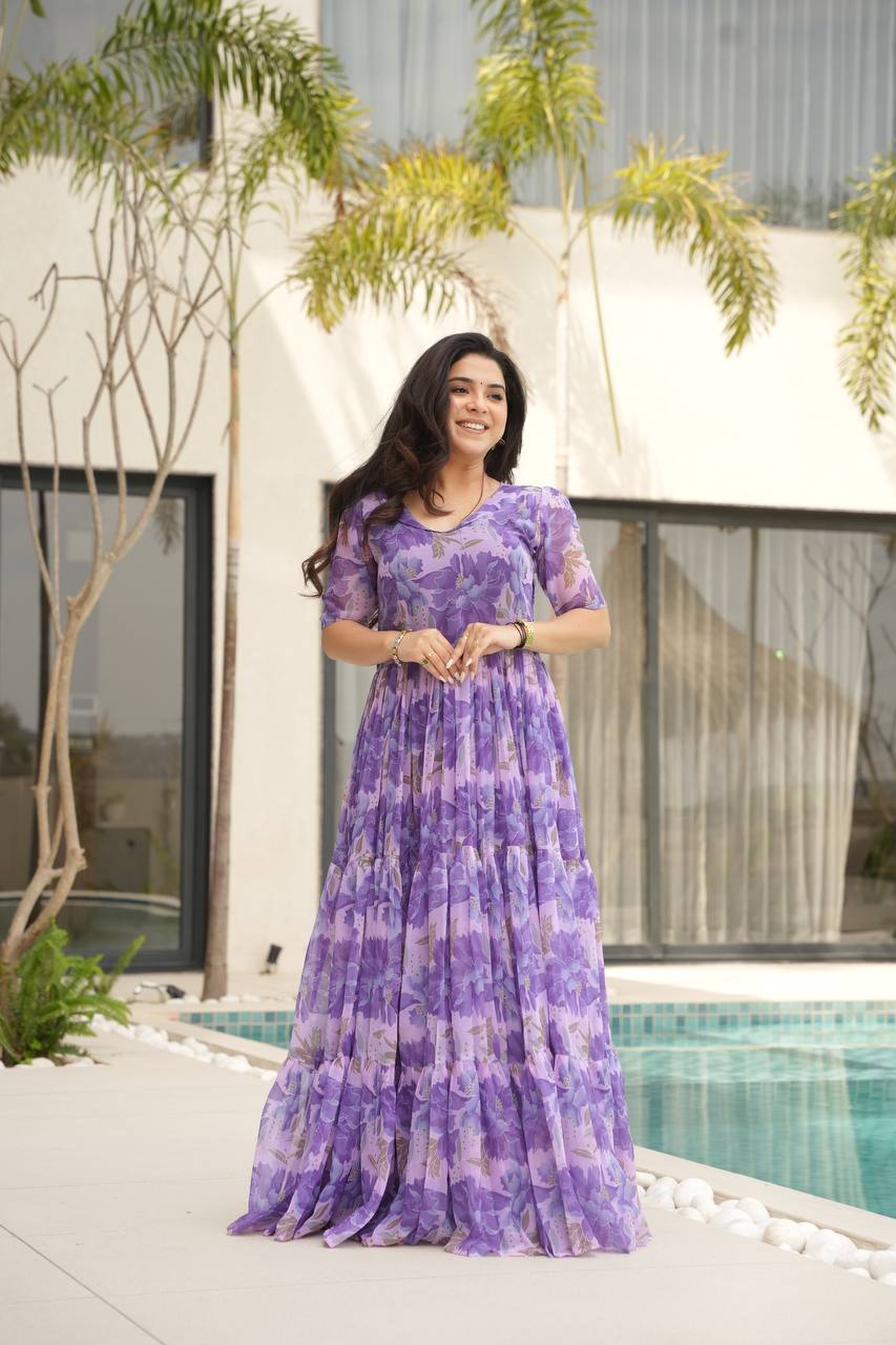 Printed Faux Georgette Purple Gown with Fancy V Neck – 12 Meter Flair Elegance