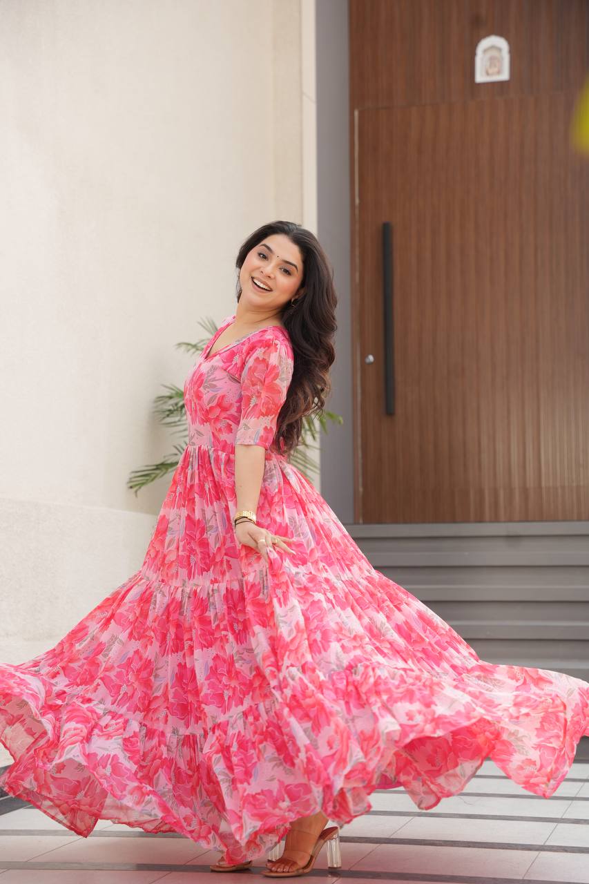 Printed Faux Georgette Pink Gown with Fancy V Neck – 12 Meter Flair Elegance
