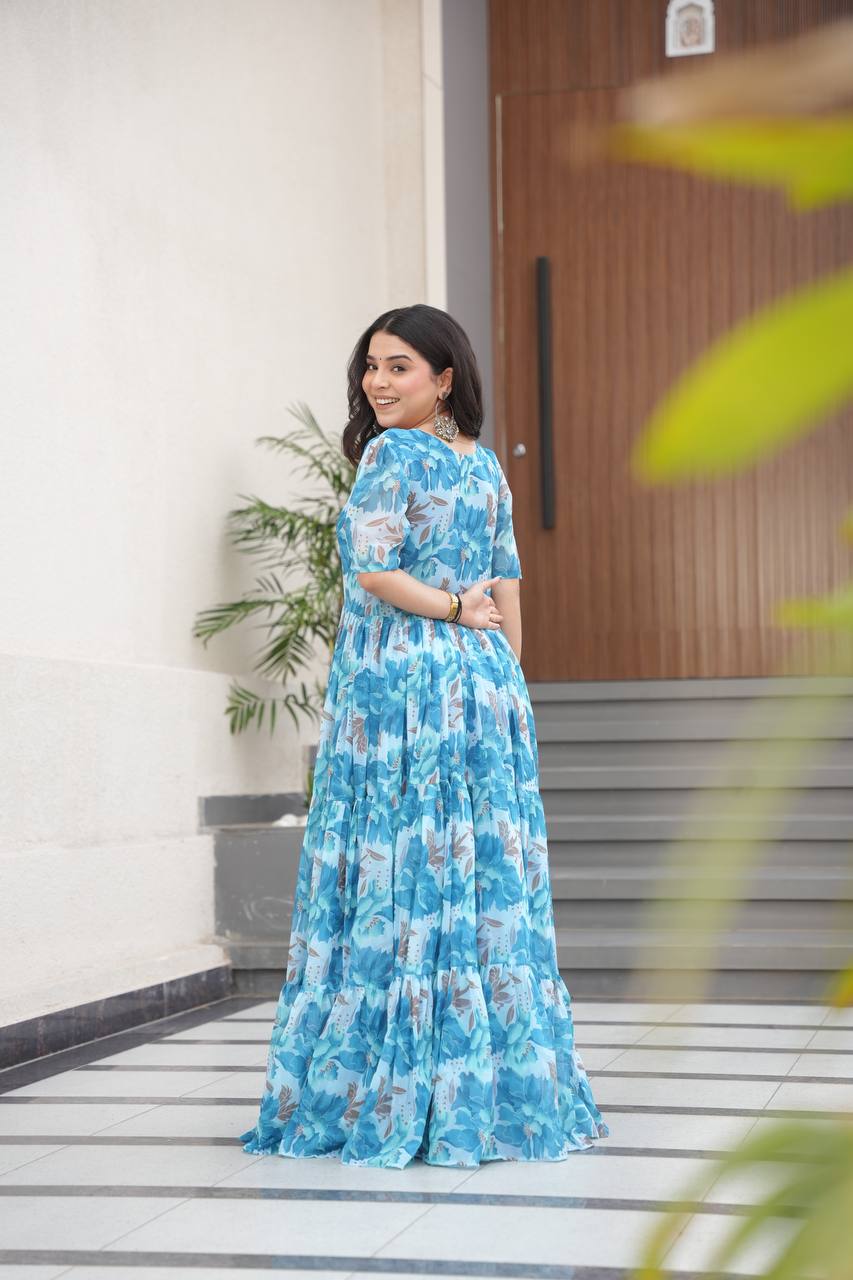 Printed Faux Georgette Blue Gown with Fancy V Neck – 12 Meter Flair Elegance