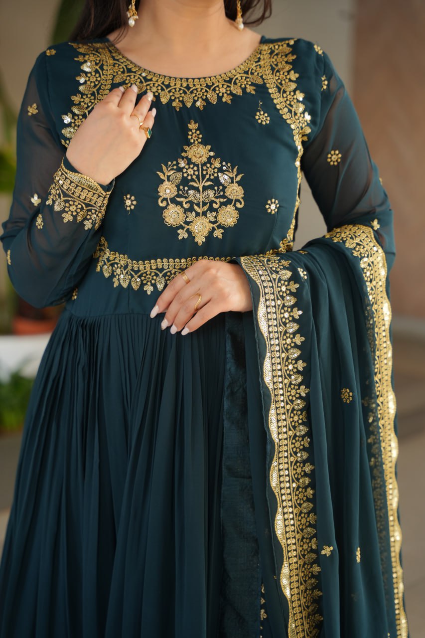 Bottle Green Faux Blooming Georgette Embroidered Gown with Dupatta