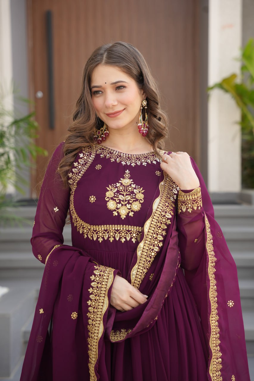 Purple Faux Blooming Georgette Embroidered Gown with Dupatta