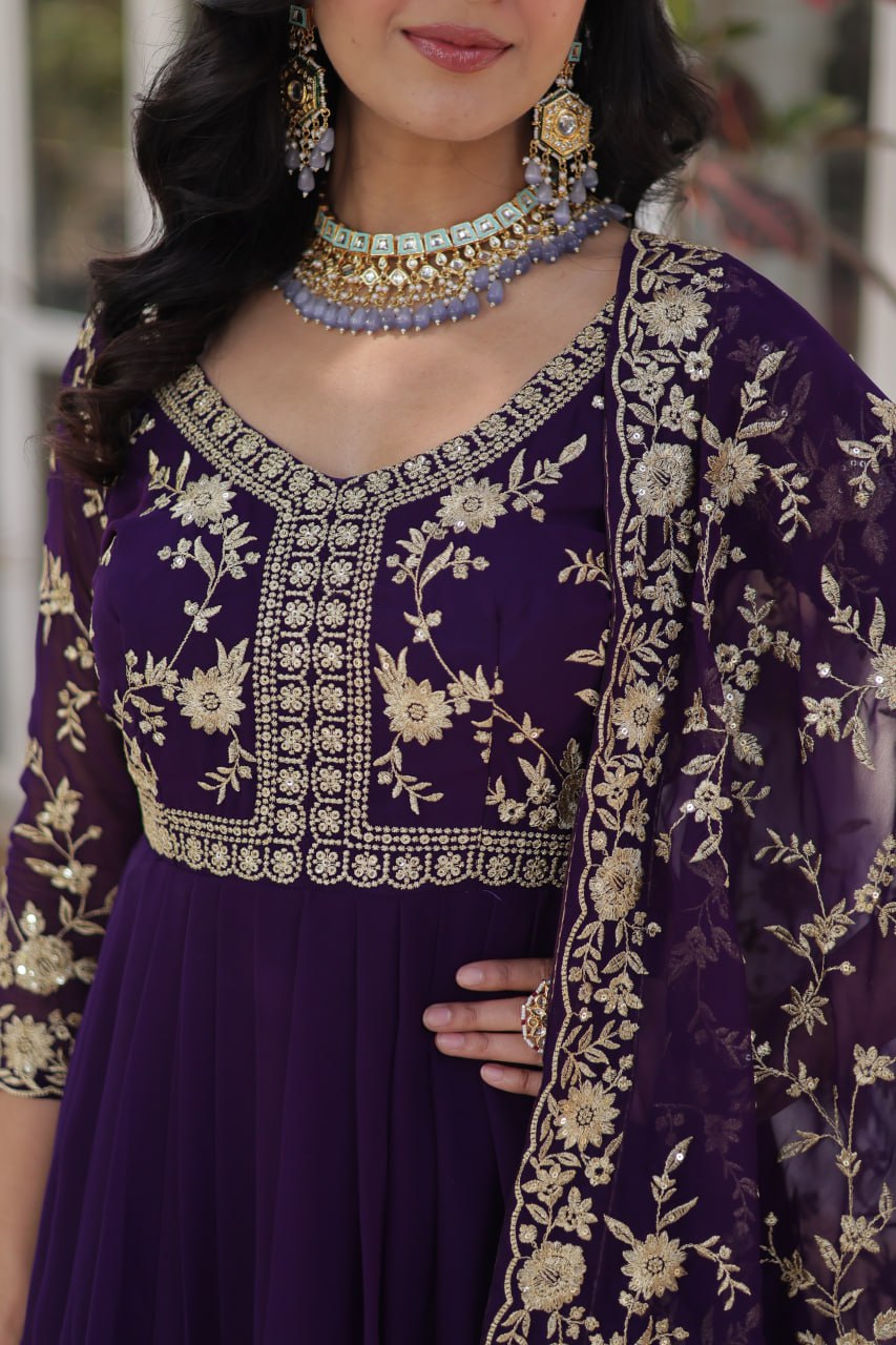 Purple Faux Blooming Multi-Sequins & Zari Embroidered Gown with Dupatta