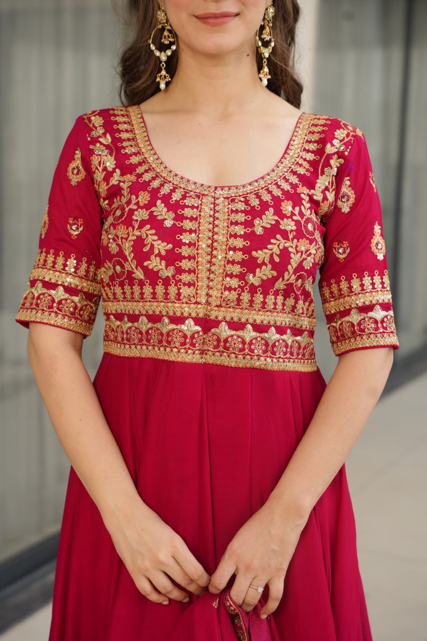 Vichitra Silk Sequins & Zari Embroidered Pink Gown with Dupatta