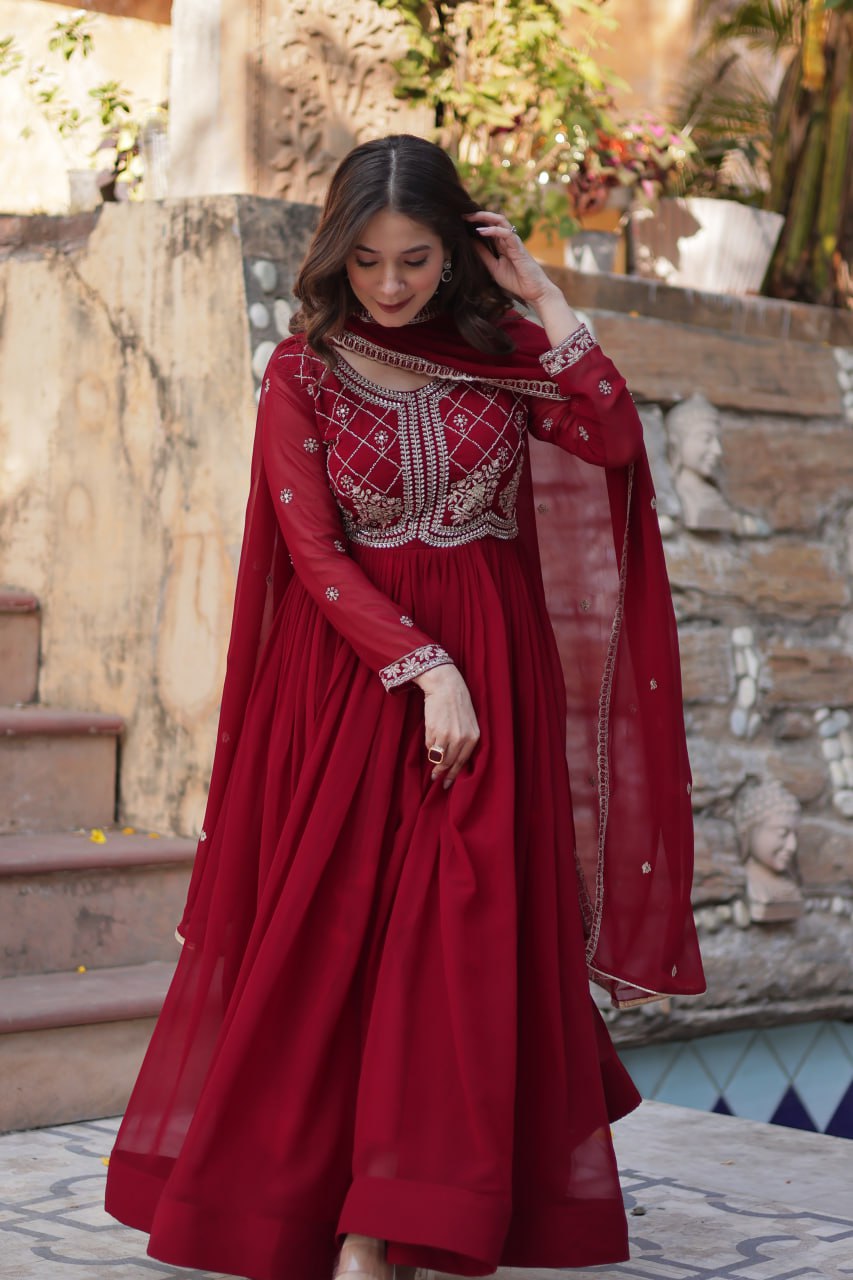 Maroon Faux Blooming Sequins & Beads Embroidered Gown with Dupatta